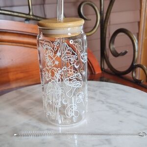 Glass Water Bottle with Bamboo Lid and Straw - White Design
